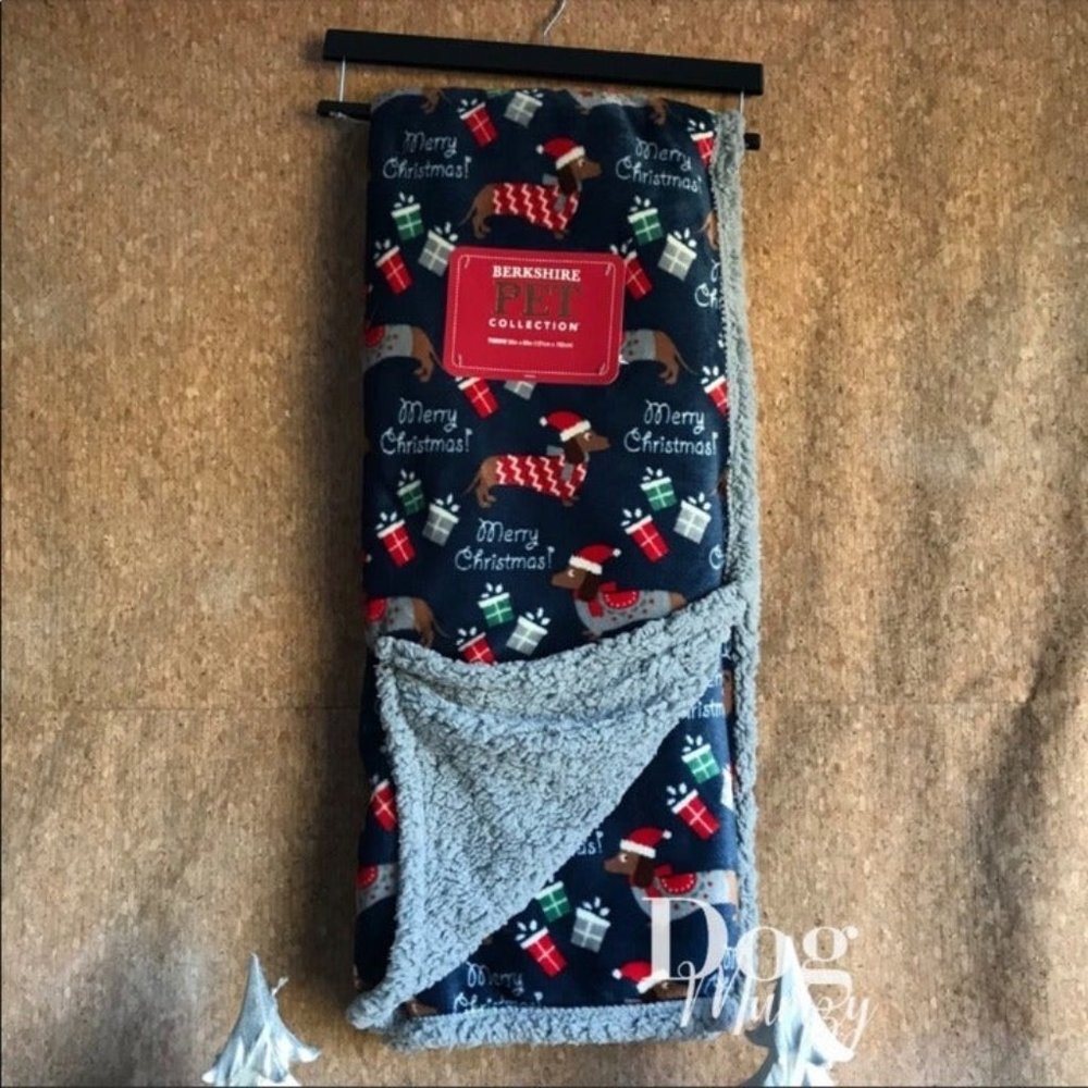 Dachshund Berkshire Christmas Holiday Grey Sherpa Pet Navy Throw